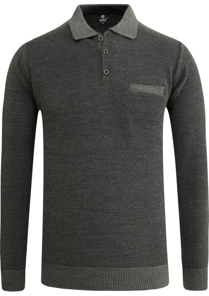 Erkek Polo Yaka Kazak Cepli Pike Desen Çelik Örgü Klasik Kalıp - 5214F