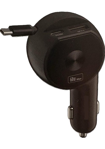 Araç Hızlı Şarj Aleti 60W Geri Çekilebilir Makaralı Type-C Kablo, Ekstra USB ve Type-C Çıkışlı indirimleri
