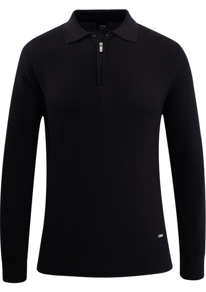 Erkek Fermuarlı Polo Yaka Kazak Triko Kabartmalı Örgü Düz Renk Klasik Kalıp - 5240F