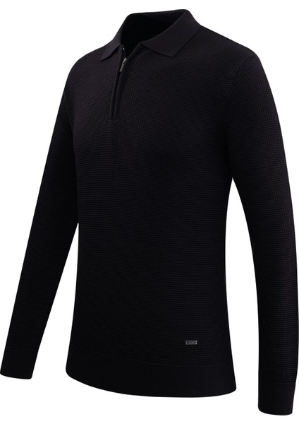 Erkek Fermuarlı Polo Yaka Kazak Triko Kabartmalı Örgü Düz Renk Klasik Kalıp - 5240F fiyatları