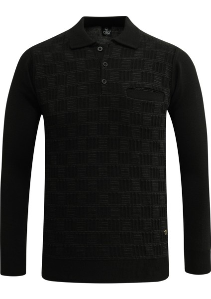 Erkek Polo Yaka Kazak Cepli Kabarmalı Çelik Örgü Klasik Kalıp - 5215F