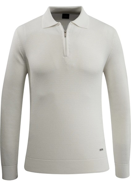 Erkek Fermuarlı Polo Yaka Kazak Triko Kabartmalı Örgü Düz Renk Klasik Kalıp - 5240F