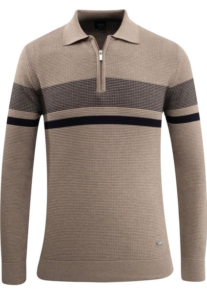 Erkek Fermuarlı Polo Yaka Kazak Triko Kabartmalı Örgü Desenli Klasik Kalıp - 5241F