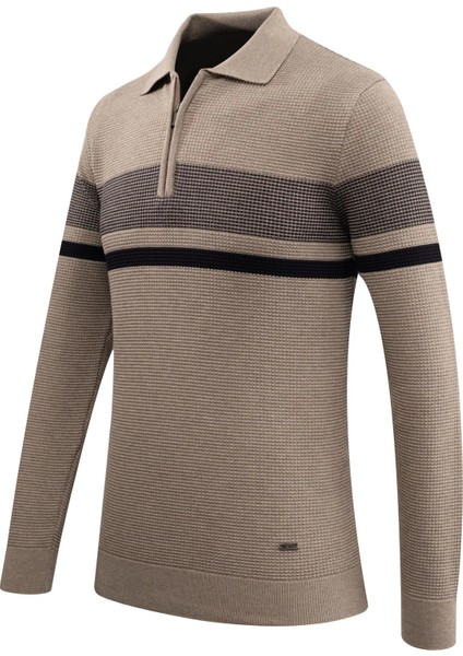 Erkek Fermuarlı Polo Yaka Kazak Triko Kabartmalı Örgü Desenli Klasik Kalıp - 5241F fiyatları