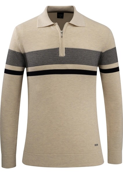 Erkek Fermuarlı Polo Yaka Kazak Triko Kabartmalı Örgü Desenli Klasik Kalıp - 5241F