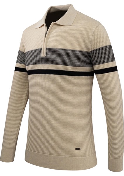 Erkek Fermuarlı Polo Yaka Kazak Triko Kabartmalı Örgü Desenli Klasik Kalıp - 5241F fiyatları