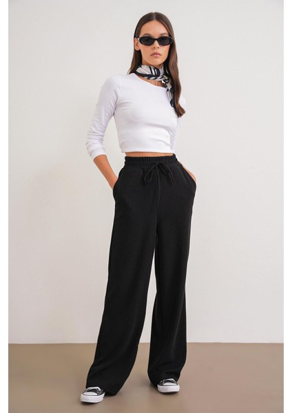 4757 Kadın Lastikli Bol Paça Örme Dökümlü Selanik Pantalon Siyah