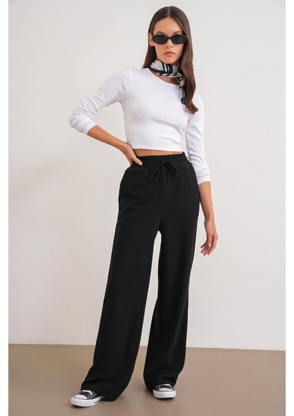 4757 Kadın Lastikli Bol Paça Örme Dökümlü Selanik Pantalon Siyah modelleri