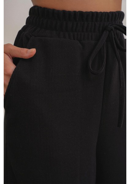 4757 Kadın Lastikli Bol Paça Örme Dökümlü Selanik Pantalon Siyah indirimleri