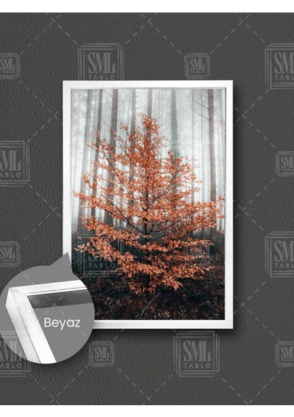 Sisli Orman Sonbahar Kurumuş Ağaçlar Güz Doğa Çerçeveli Dikey Kanvas Tablo