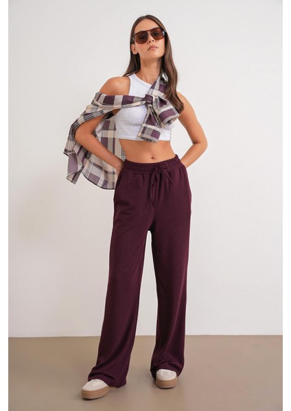 4757 Kadın Lastikli Fitilli Bol Paça Örme Dökümlü Pantalon Mürdüm fiyatları