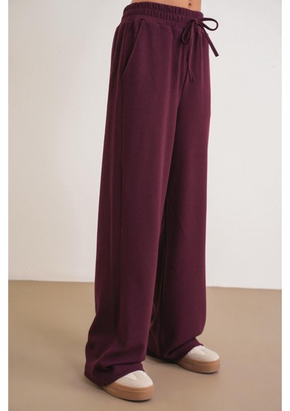 4757 Kadın Lastikli Fitilli Bol Paça Örme Dökümlü Pantalon Mürdüm fırsatları