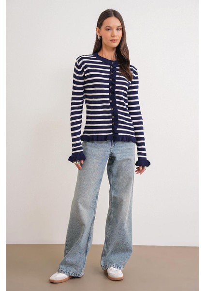 6965 Kadın Fırfır Detaylı Çizgili Triko Hırka Lacivert fiyatları