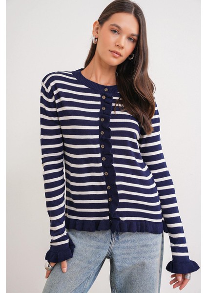 6965 Kadın Fırfır Detaylı Çizgili Triko Hırka Lacivert modelleri
