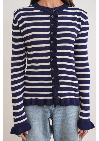 6965 Kadın Fırfır Detaylı Çizgili Triko Hırka Lacivert fırsatları