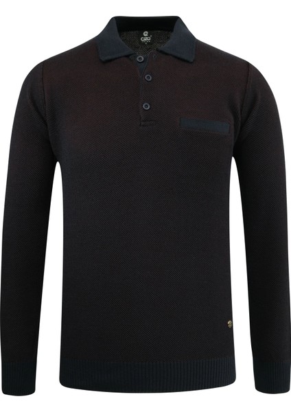 Erkek Polo Yaka Kazak Cepli Pike Desen Çelik Örgü Klasik Kalıp - 5214F