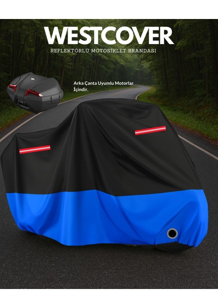 Rks Freccia 150 Arka Çanta Uyumlu (Mavi-Siyah) Kırmızı Reflektörlü Motosiklet Brandası