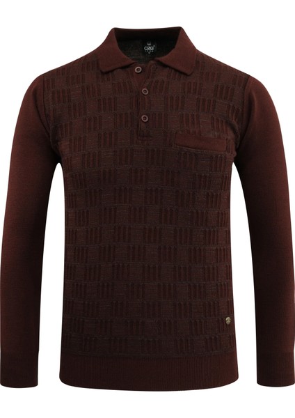 Erkek Polo Yaka Kazak Cepli Kabarmalı Çelik Örgü Klasik Kalıp - 5215F