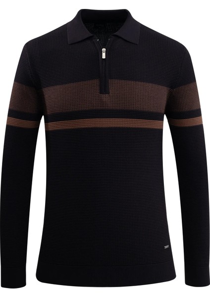 Erkek Fermuarlı Polo Yaka Kazak Triko Kabartmalı Örgü Desenli Klasik Kalıp - 5241F