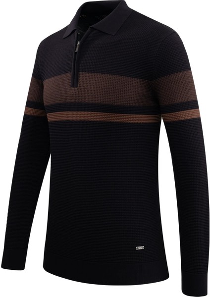 Erkek Fermuarlı Polo Yaka Kazak Triko Kabartmalı Örgü Desenli Klasik Kalıp - 5241F fiyatları