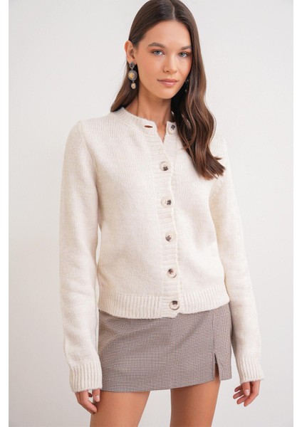 6951 Kadın Bisiklet Yaka Düğmeli Triko Kısa Hırka Naturel