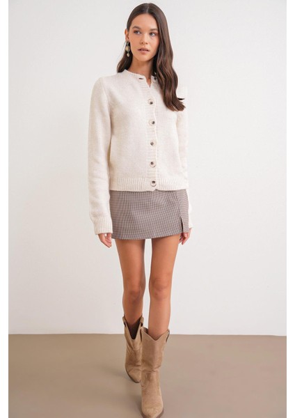 6951 Kadın Bisiklet Yaka Düğmeli Triko Kısa Hırka Naturel fiyatları