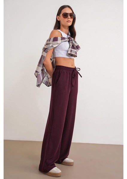 4757 Kadın Lastikli Bol Paça Örme Dökümlü Selanik Pantalon Mürdüm