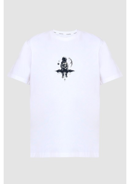 Astronot Baskılı %100 Pamuk Bisiklet Yaka Basic T-Shirt