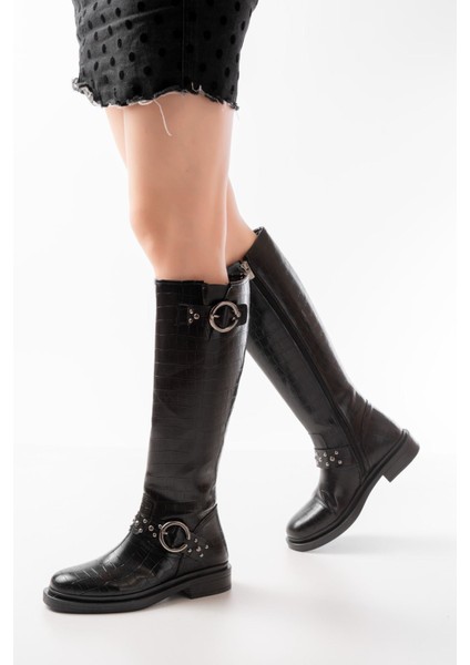 2024-3004 Siyah Kroko Toka Aksesuarlı Lastikli Fermuarlı Günlük Kadın Çizme fiyatları