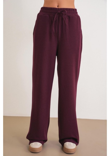 4757 Kadın Lastikli Bol Paça Örme Dökümlü Selanik Pantalon Mürdüm modelleri