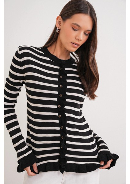 6965 Kadın Fırfır Detaylı Çizgili Triko Hırka Siyah