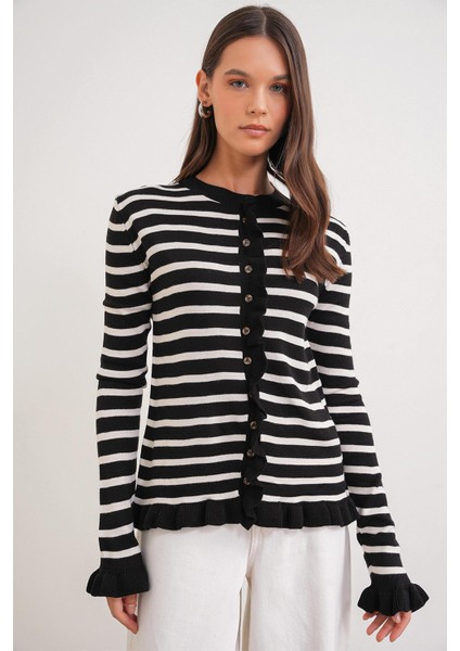 6965 Kadın Fırfır Detaylı Çizgili Triko Hırka Siyah fiyatları