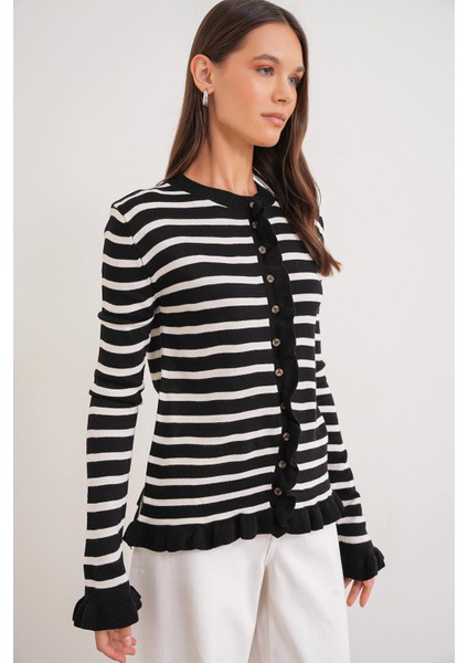6965 Kadın Fırfır Detaylı Çizgili Triko Hırka Siyah modelleri