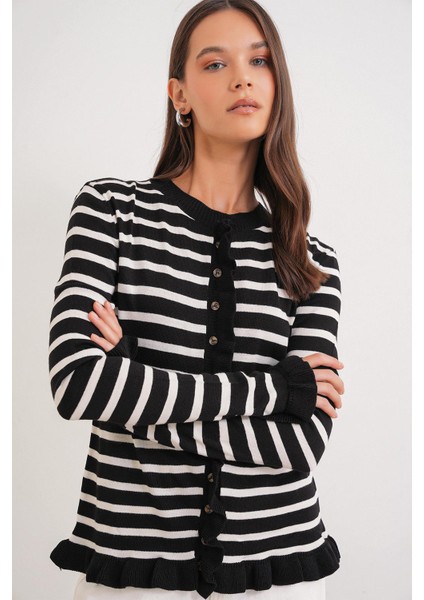 6965 Kadın Fırfır Detaylı Çizgili Triko Hırka Siyah fırsatları
