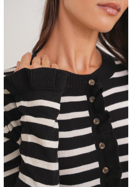 6965 Kadın Fırfır Detaylı Çizgili Triko Hırka Siyah indirimleri