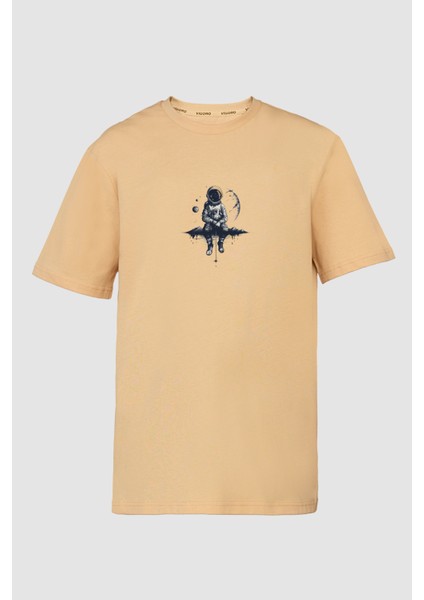 Astronot Baskılı %100 Pamuk Bisiklet Yaka Basic T-Shirt