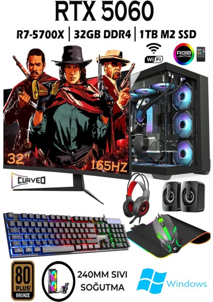 TC990X Ryzen 7 5700X 32GB 1tb M.2 SSD RTX5060 32'' 165HZ Qhd Curved Masaüstü Oyuncu Bilgisayarı