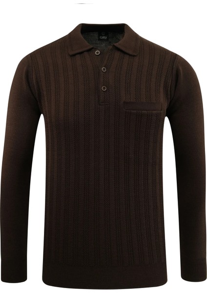 Erkek Polo Yaka Kazak Cepli Desen Çelik Örgü Klasik Kalıp - 5203F