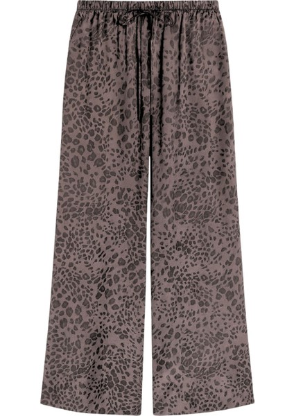 4756 Kadın Leopar Desenli Saten Dökümlü Palazzo Bol Pantolon Kahve