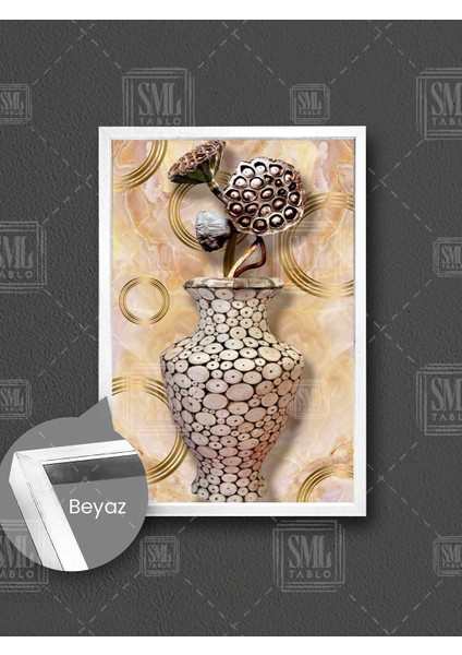 Ağaç Ahşap Vazo Içindeki Kuru Bitkiler Gold Modern Çerçeveli Dikey Kanvas Tablo