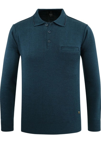 Erkek Polo Yaka Kazak Triko Cepli Çelik Örgü Klasik Kalıp - 5200F