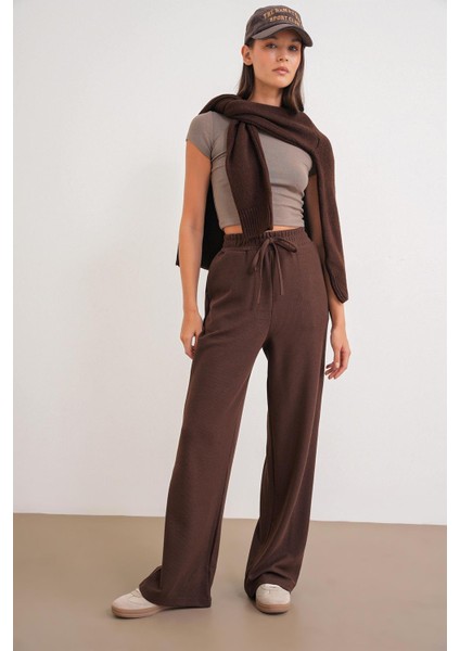 4757 Kadın Lastikli Bol Paça Örme Dökümlü Selanik Pantalon Kahve