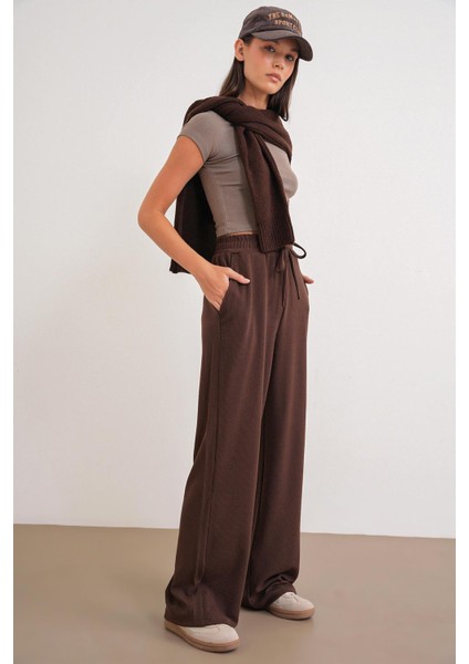 4757 Kadın Lastikli Bol Paça Örme Dökümlü Selanik Pantalon Kahve fiyatları