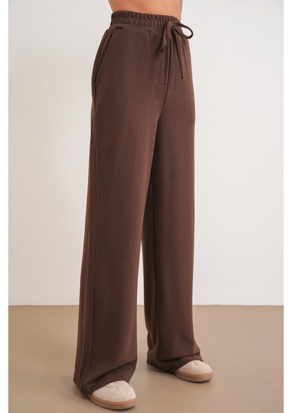 4757 Kadın Lastikli Bol Paça Örme Dökümlü Selanik Pantalon Kahve modelleri