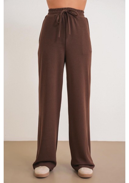 4757 Kadın Lastikli Bol Paça Örme Dökümlü Selanik Pantalon Kahve fırsatları
