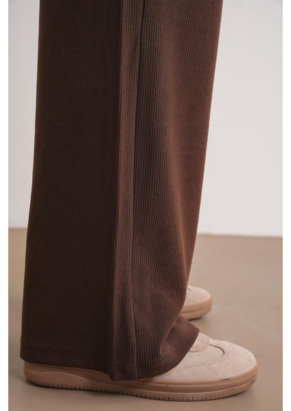 4757 Kadın Lastikli Bol Paça Örme Dökümlü Selanik Pantalon Kahve indirimleri