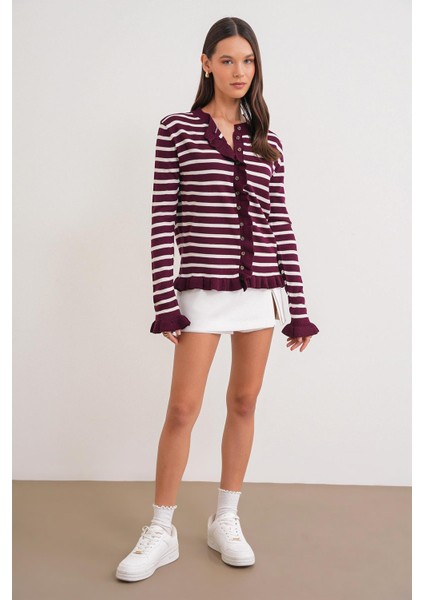 6965 Kadın Fırfır Detaylı Çizgili Triko Hırka Bordo fiyatları