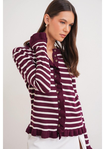 6965 Kadın Fırfır Detaylı Çizgili Triko Hırka Bordo fırsatları