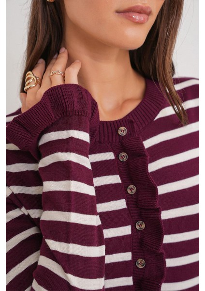 6965 Kadın Fırfır Detaylı Çizgili Triko Hırka Bordo indirimleri