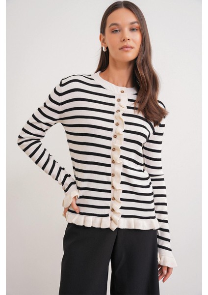 6965 Kadın Fırfır Detaylı Çizgili Triko Hırka Naturel